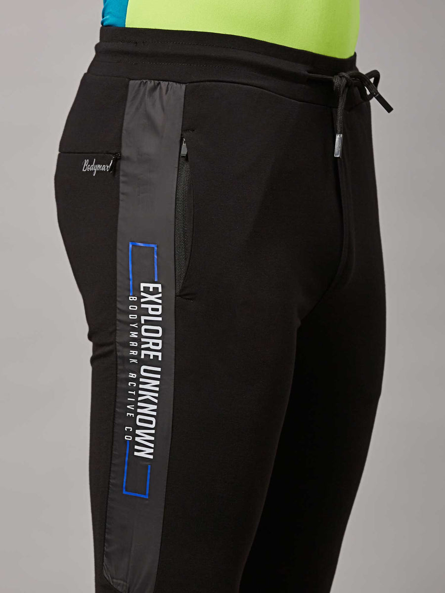 Men's Black Track Pant with Side Taffeta Print