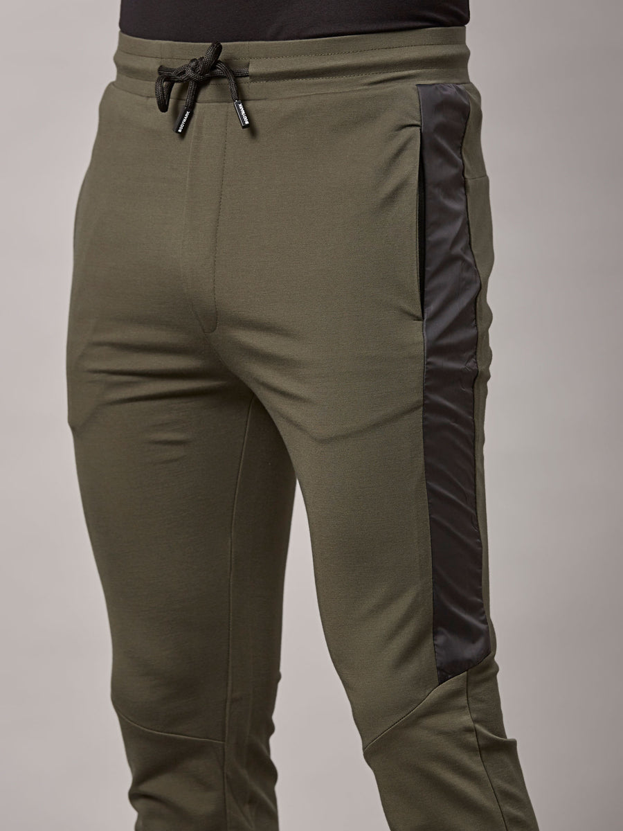 Men's Olive Track Pant with Side Taffeta Print